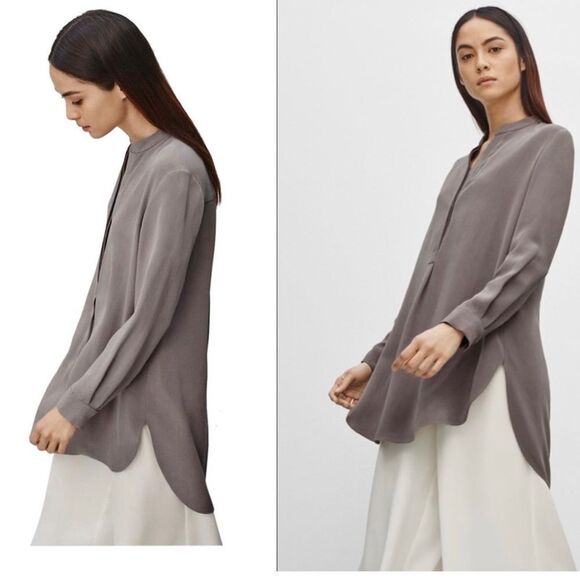 ARITZIA Babaton taupe brown Peverell 100 % silk long sleeve V-neck tunic blouse - Picture 3 of 14